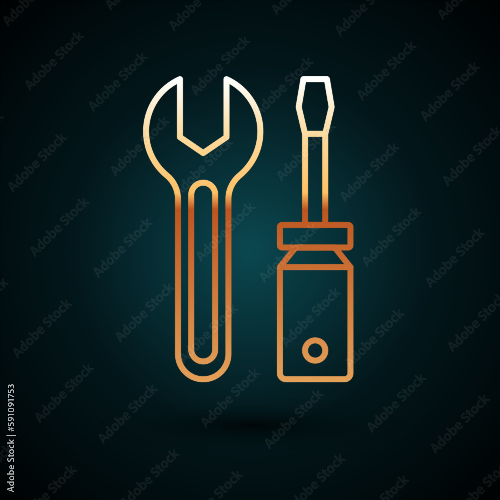 Gold line Screwdriver and wrench spanner tools icon isolated on dark blue background. Service tool symbol. Vector Gold line Screwdriver and wrench spanner tools icon isolated on dark blue background. Service tool symbol. Vector