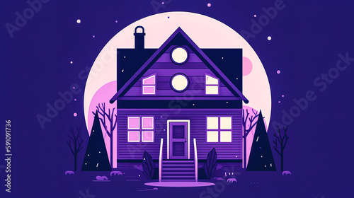 House with glowing windows at night, creative illustration, generative AI.