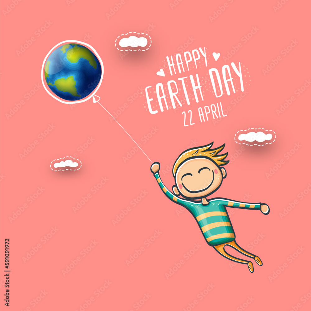 Cartoon earth day illustration or banner with little cute girl character holding in hands baloon