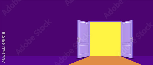 Abstract metaphor, modern minimalistic concept.
Surreal composition with an open door on a dark background. Vector image.