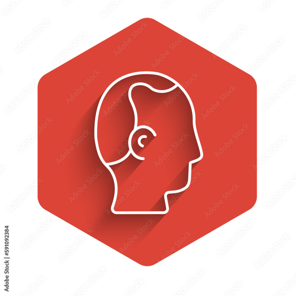 White line Baldness icon isolated with long shadow background. Alopecia. Red hexagon button. Vector White line Baldness icon isolated with long shadow background. Alopecia. Red hexagon button. Vector