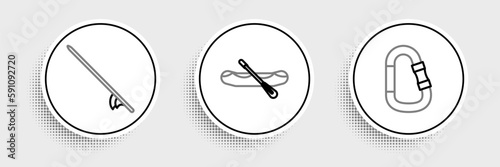 Set line Carabiner, Surfboard and Rafting boat icon. Vector