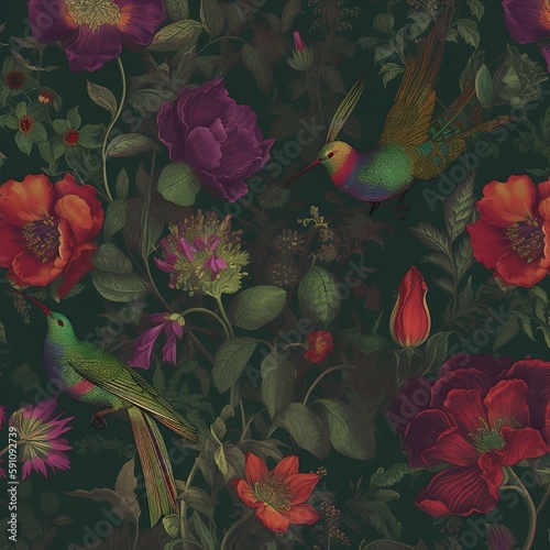 hummingbird and flowers, vintage, inspired, wallpaper, design, AI generated image, AI design