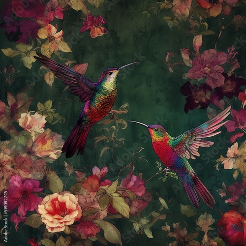 hummingbird and flowers, vintage, inspired, wallpaper, design, AI generated image, AI design