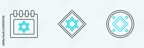 Set line Jewish coin, calendar with star of david and Star David icon. Vector