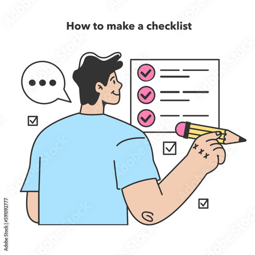 Checklist making concept. Character planning the daily routine