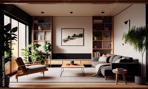 The interior of a living room designed with a Japan style emphasizes simplicity, natural elements, and minimalism, Generative AI