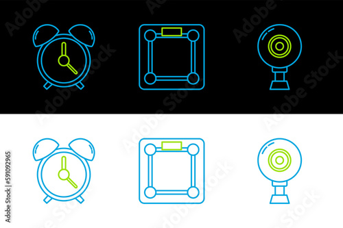 Set line Web camera, Alarm clock and Bathroom scales icon. Vector