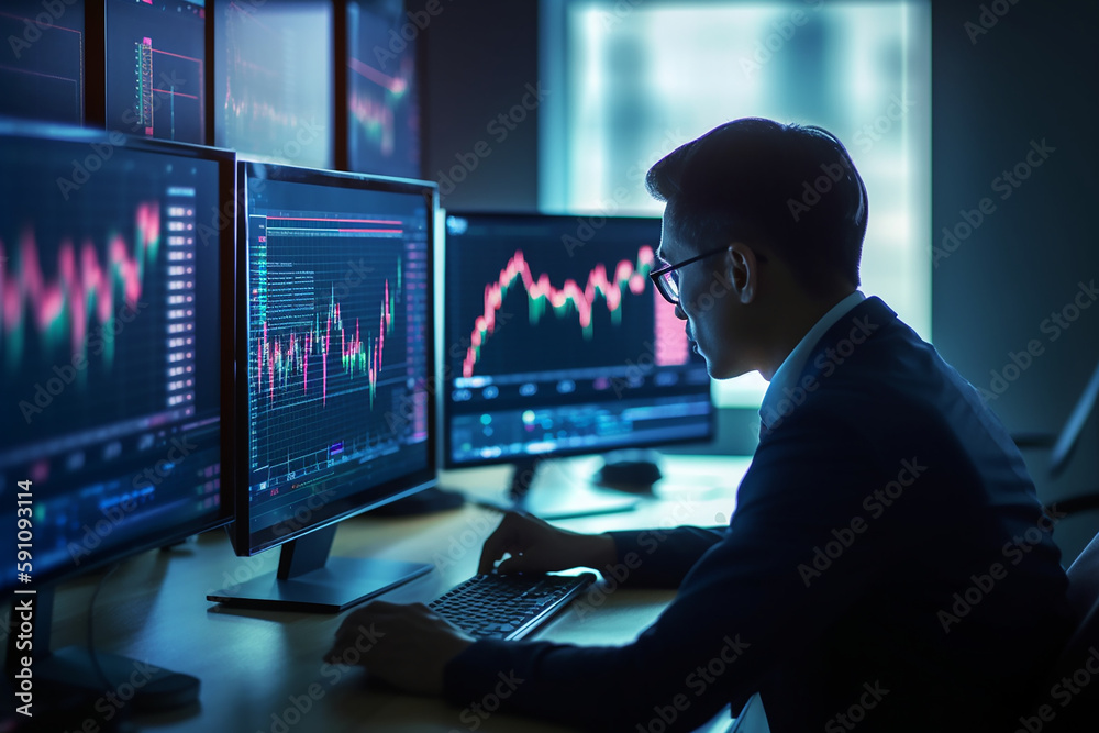 Businessman in front of the computer analyzing financial charts , AI Generated Businessman in front of the computer analyzing financial charts , AI Generated