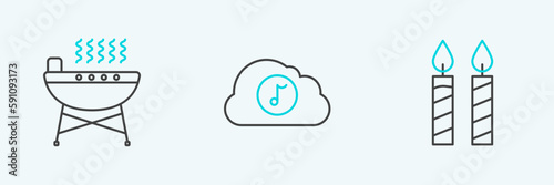 Set line Birthday cake candles, Barbecue grill and Music streaming service icon. Vector