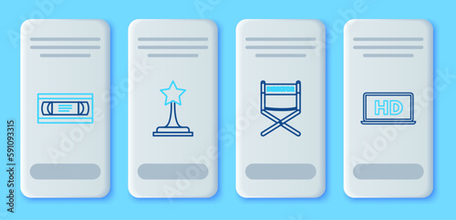 Set line Movie trophy, Director movie chair, VHS video cassette tape and Laptop screen with HD technology icon. Vector