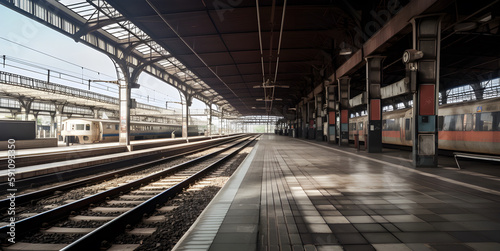 Deserted platform at an empty modern railway station, summer day, strike concept, AI generated