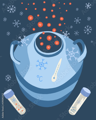 Vector isolated illustration of stem cell cryo freezing. Egg freezing. Donation of sperm and eggs. Freezing sperm.