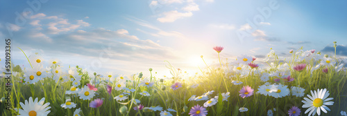 the fields of daisies, grass and different field flowers are surrounded by blue sky and clouds in summer day, sunset time, , banner, AI generated