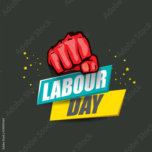 1 may Happy labour day vector label with strong protest fist in the air on grey background. vector happy labor day background or banner with man hand. workers may day poster