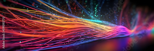 Coloured electric cables and led, optical fiber, intense colours, background for technology image and new business trends created with Generative AI technology photo