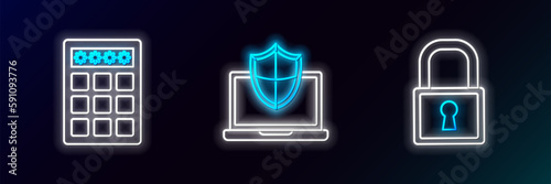 Free Download Set line Lock, Password protection and safety access and Laptop protected with shield icon. Glowing neon. Vector - GFXLoad