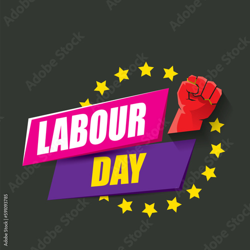 1 may Happy labour day vector label with strong protest fist in the air on grey background. vector happy labor day background or banner with man hand. workers may day poster