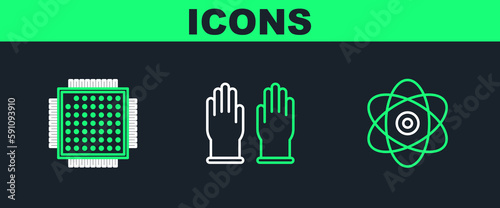 Set line Atom, Processor and Rubber gloves icon. Vector