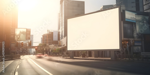 Digital Media Blank billboard, signboard for product advertisement, design, advertising light box billboard, on city street background with people, sunny day,, AI generated