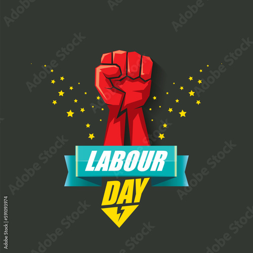 1 may Happy labour day vector label with strong protest fist in the air on grey background. vector happy labor day background or banner with man hand. workers may day poster