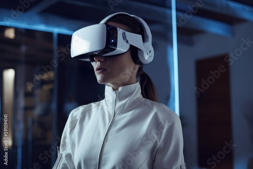 Girl is wearing virtual reality glasses or VR head set and playing in virtual reality on red background