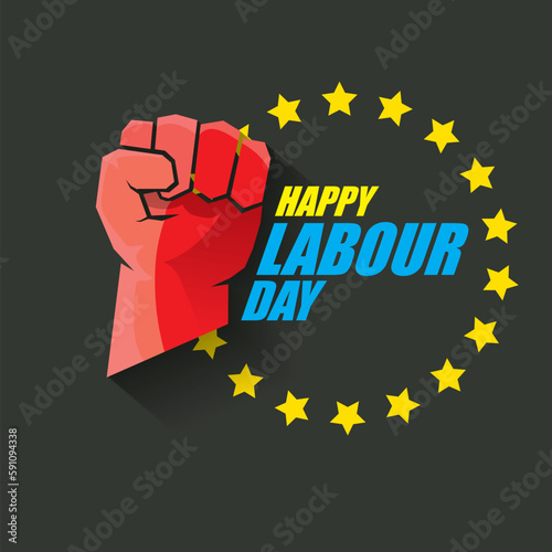 1 may Happy labour day vector label with strong protest fist in the air on grey background. vector happy labor day background or banner with man hand. workers may day poster
