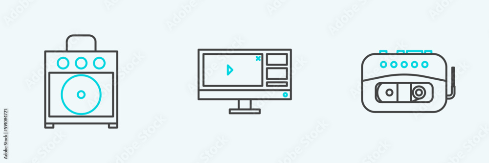 Set line Music tape player, Guitar amplifier and Video recorder or editor software on monitor icon. Vector Set line Music tape player, Guitar amplifier and Video recorder or editor software on monitor icon. Vector