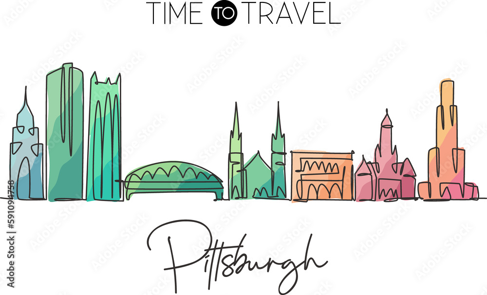 Obraz premium Single continuous line drawing of Pittsburgh city skyline, Pennsylvania. Famous city landscape. World travel concept home wall decor print poster art. Modern one line draw design vector illustration