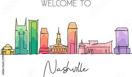 Single continuous line drawing of Nashville city skyline, Tennessee. Famous city scraper landscape. World travel concept home wall decor poster print. Modern one line draw design vector illustration