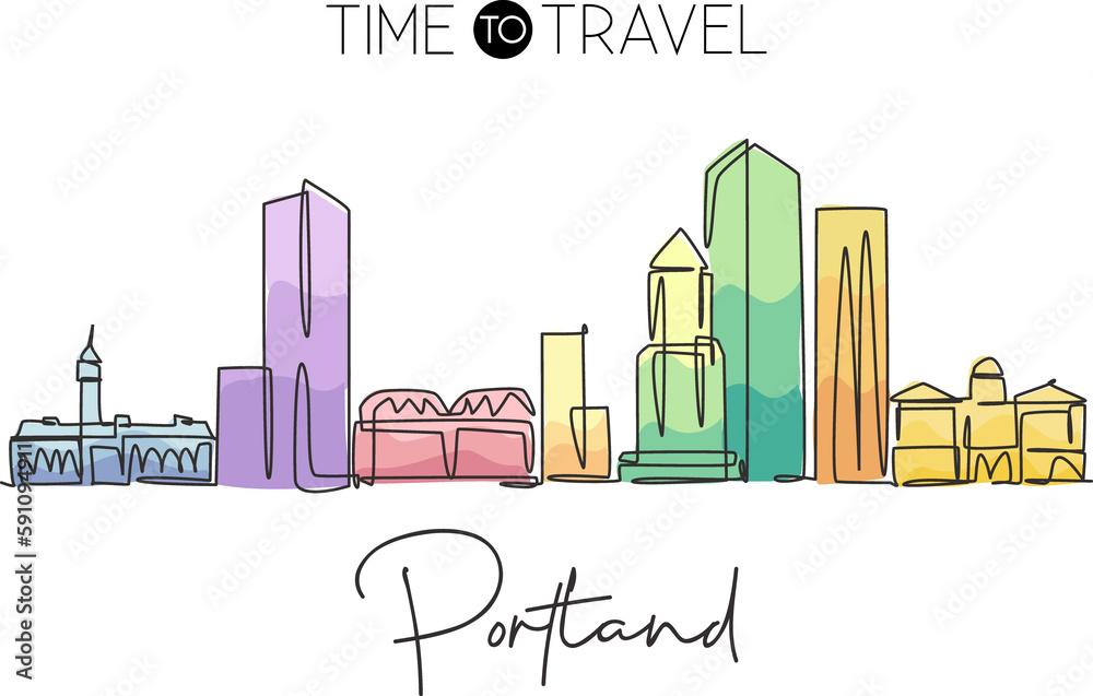 One single line drawing of Portland city skyline United States. Historical town landscape in the world. Best holiday destination. Editable stroke trendy continuous line draw design vector illustration