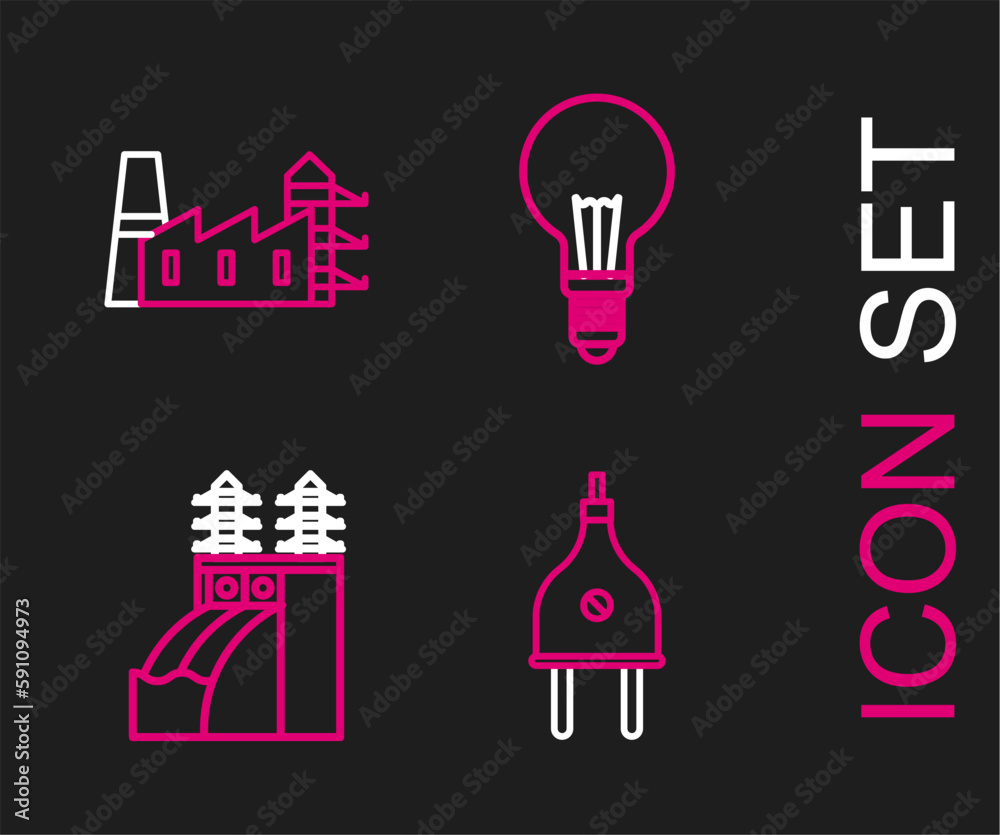 Set line Electric plug, Nuclear power plant, Light bulb with concept of idea and Power station and factory icon. Vector
