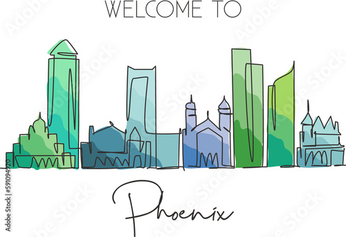 One continuous line drawing of Phoenix city skyline, United States. Beautiful landmark. World landscape tourism and travel vacation. Editable stylish stroke single line draw design vector illustration