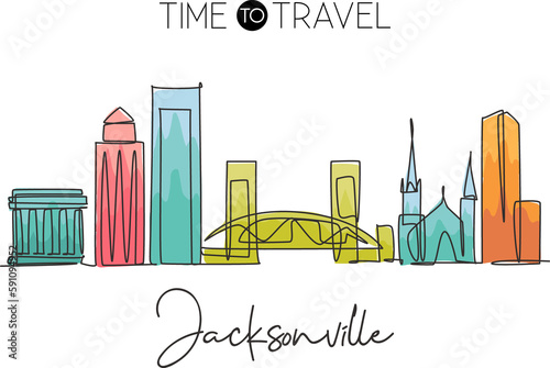 One single line drawing of Jacksonville city skyline, USA. Historical town landscape in world. Best holiday destination poster. Editable stroke trendy continuous line draw design vector illustration