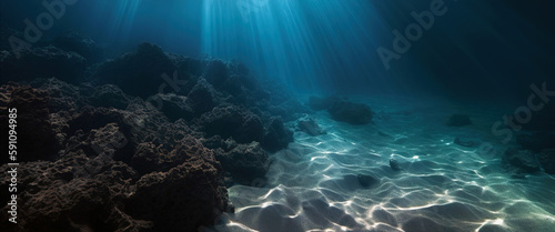 panoramic underwater view of the bottom of the sea, sunlight reaches the sand, generative AI background