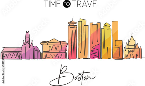 One continuous line drawing of Boston city skyline, USA. Beautiful landmark. World landscape tourism travel vacation poster print. Editable stylish stroke single line draw design vector illustration