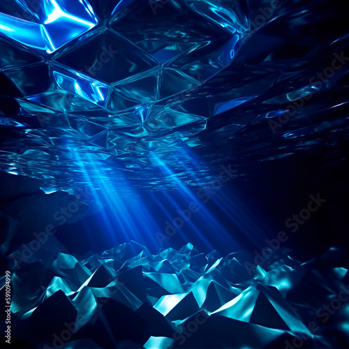 Abstract deep blue glowing polygonal surfaces and rays of light between them,  reflection, causing effect, generative AI backdrop © Olena Panasovska