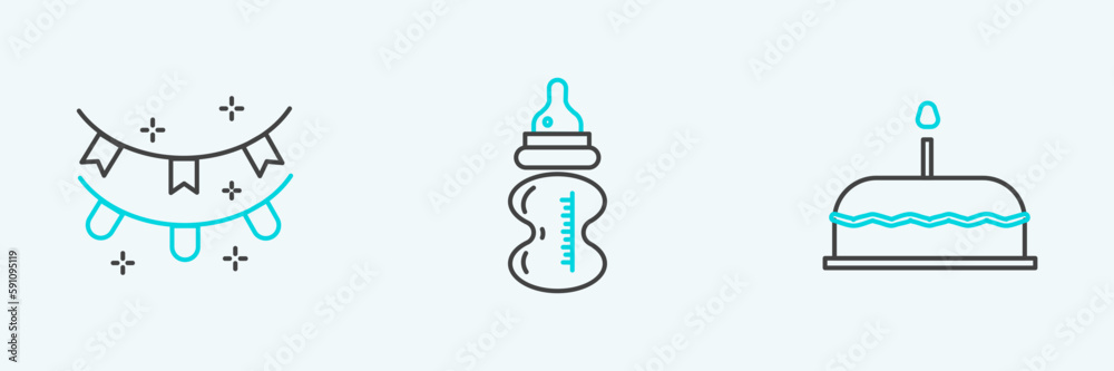 Set line Cake with burning candles, Carnival garland flags and Baby bottle icon. Vector Set line Cake with burning candles, Carnival garland flags and Baby bottle icon. Vector
