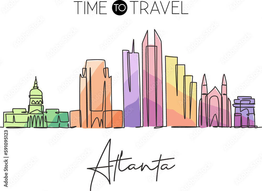 One continuous line drawing of Atlanta city skyline, USA. Beautiful landmark. World landscape tourism travel vacation poster print wall decor art. Stylish single line draw design vector illustration
