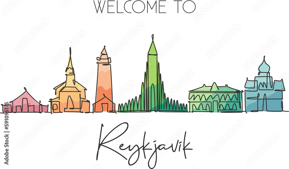 One single line drawing of Reykjavik city skyline, Iceland. Historical town landscape in world. Best holiday destination poster. Editable stroke trendy continuous line draw design vector illustration - obrazy, fototapety, plakaty 