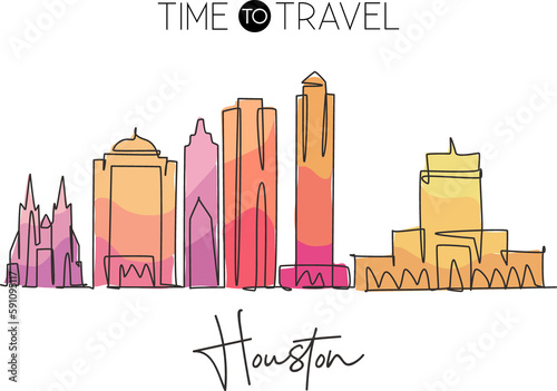 Single continuous line drawing of Houston city skyline, USA. Famous city scraper and landscape. World travel concept home wall decor poster print art. Modern one line draw design vector illustration