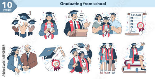 High school or college graduation set. Celebration and diploma awarding