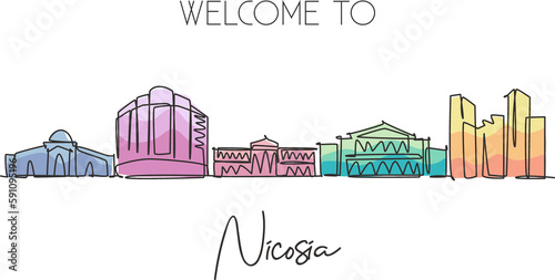 One continuous line drawing of Nicosia city skyline, Cyprus. Beautiful landmark. World landscape tourism and travel vacation poster. Editable stylish stroke single line draw design vector illustration