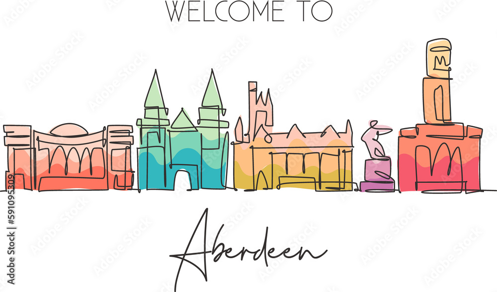 One single line drawing of Aberdeen city skyline, Scotland. Historical town landscape in the world. Best holiday destination wall decor poster. Trendy continuous line draw design vector illustration