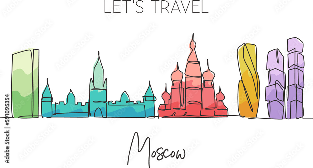 One single line drawing of Moscow city skyline, Russia. Historical town landscape in world. Best holiday destination wall decor. Editable stroke trendy continuous line draw design vector illustration