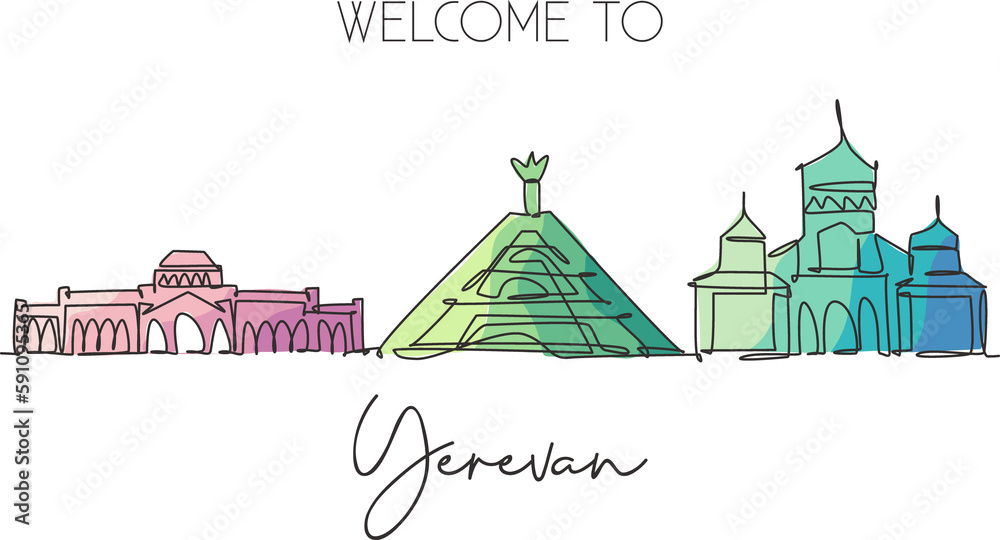 One continuous line drawing of Yerevan city skyline, Armenia. Beautiful