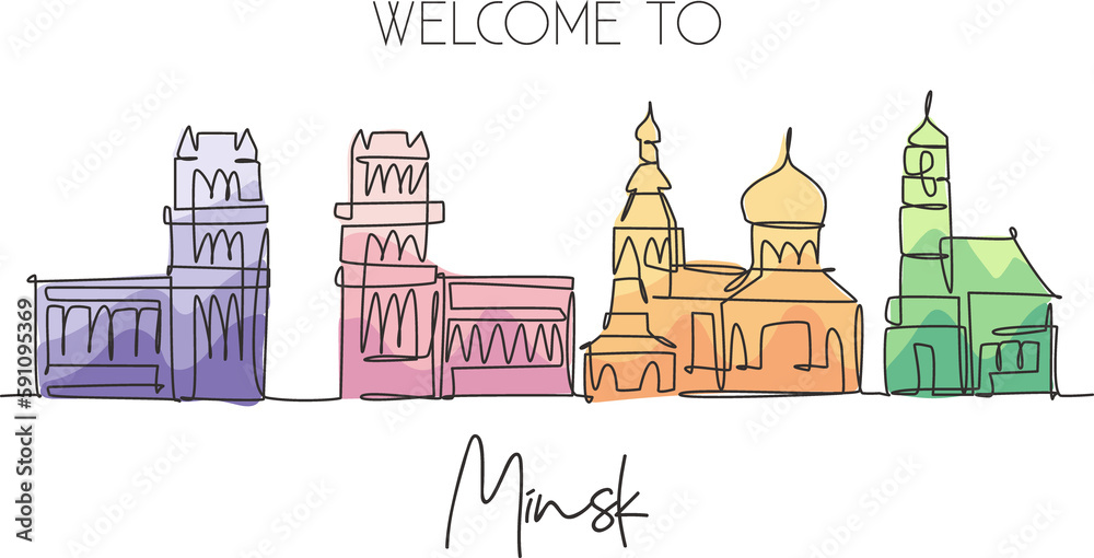 Single continuous line drawing of Minsk city skyline, Belarus. Famous city scraper and landscape home wall decor poster print art. World travel concept. Modern one line draw design vector illustration