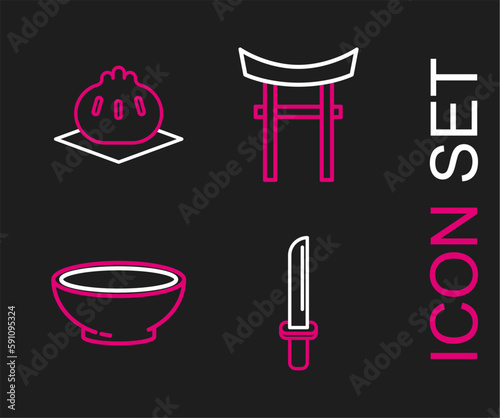 Set line Japanese katana, Bowl of hot soup, Gate and Khinkali on cutting board icon. Vector