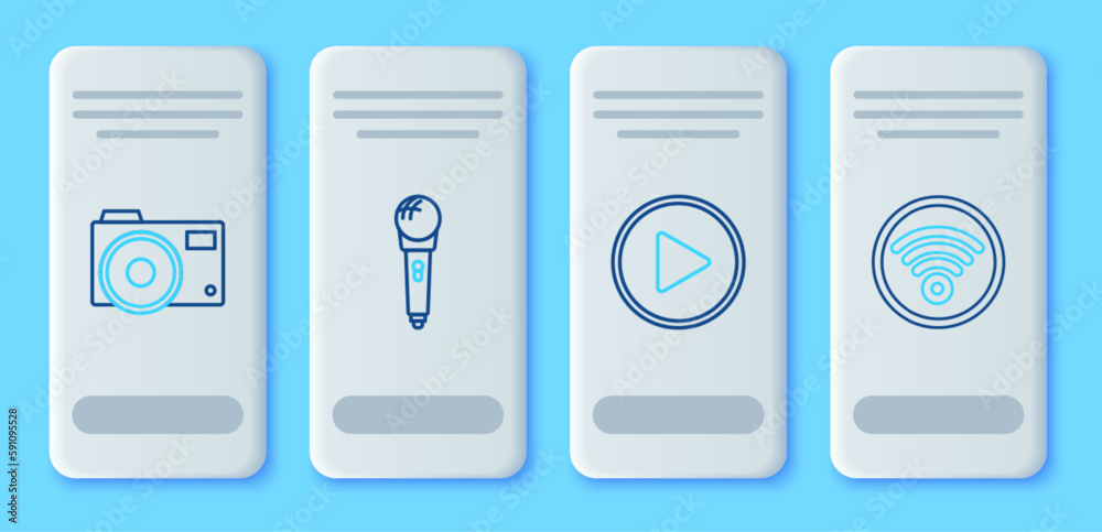 Set line Microphone, Play in circle, Photo camera and Wi-Fi wireless internet network icon. Vector Set line Microphone, Play in circle, Photo camera and Wi-Fi wireless internet network icon. Vector