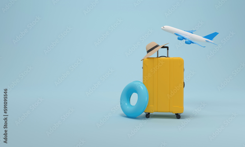 Yellow suitcase packed, float, hat and airplane on blue background for summer vacation. Yellow suitcase packed, float, hat and airplane on blue background for summer vacation.
